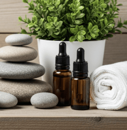 Various natural wellness products on a shelf.