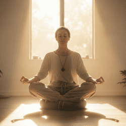 Person meditating in a peaceful, sunlit room.